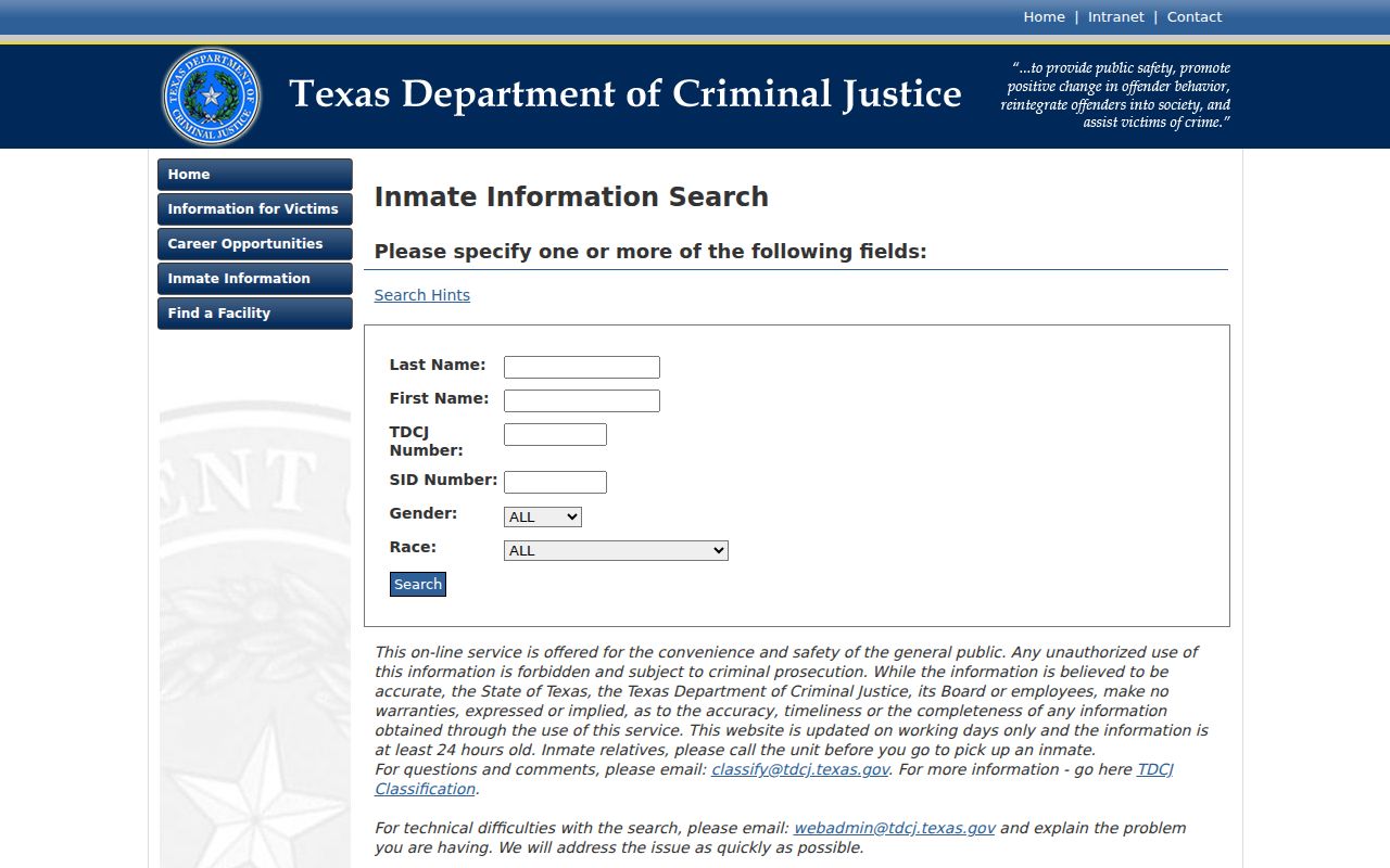 Nueces County criminal custody search fields in the TDCJ inmate locator