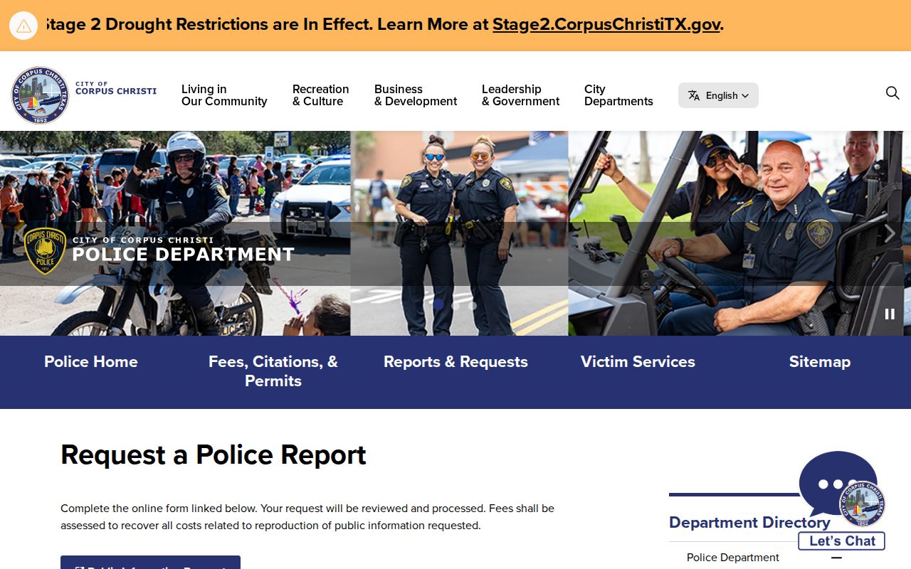 Corpus Christi criminal history police report request page